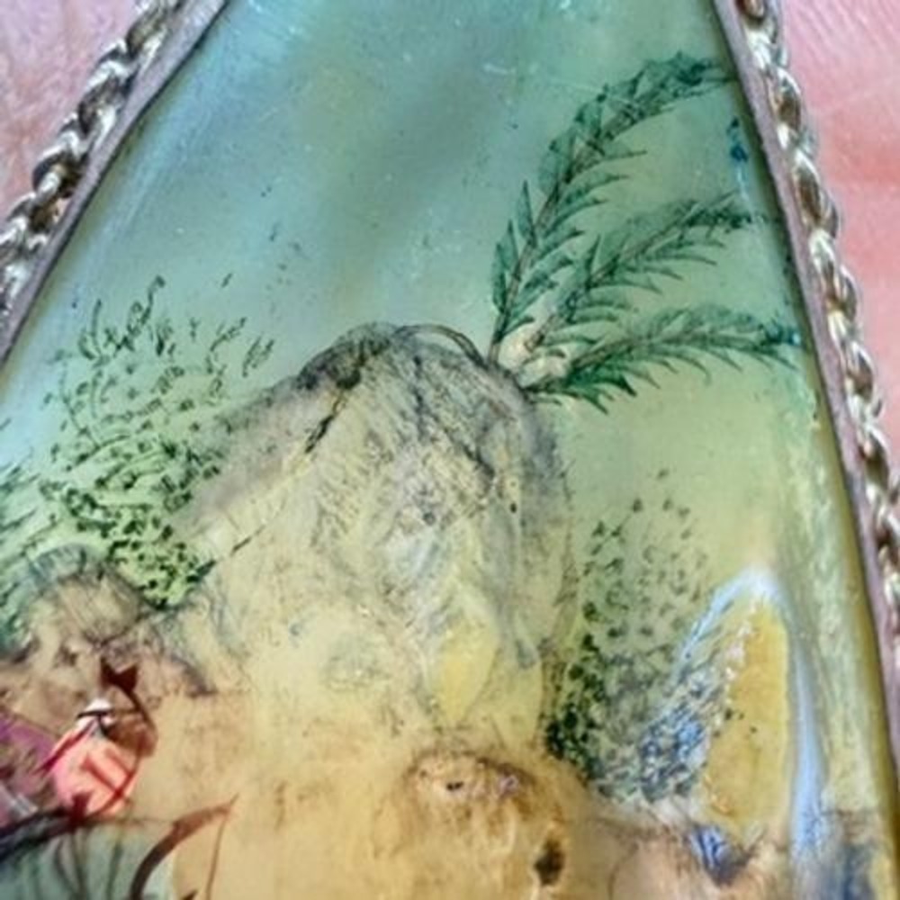 Vintage Persian Mother of Pearl Pendant Necklace Hand Painted Reversible 20" - Picture 8 of 13